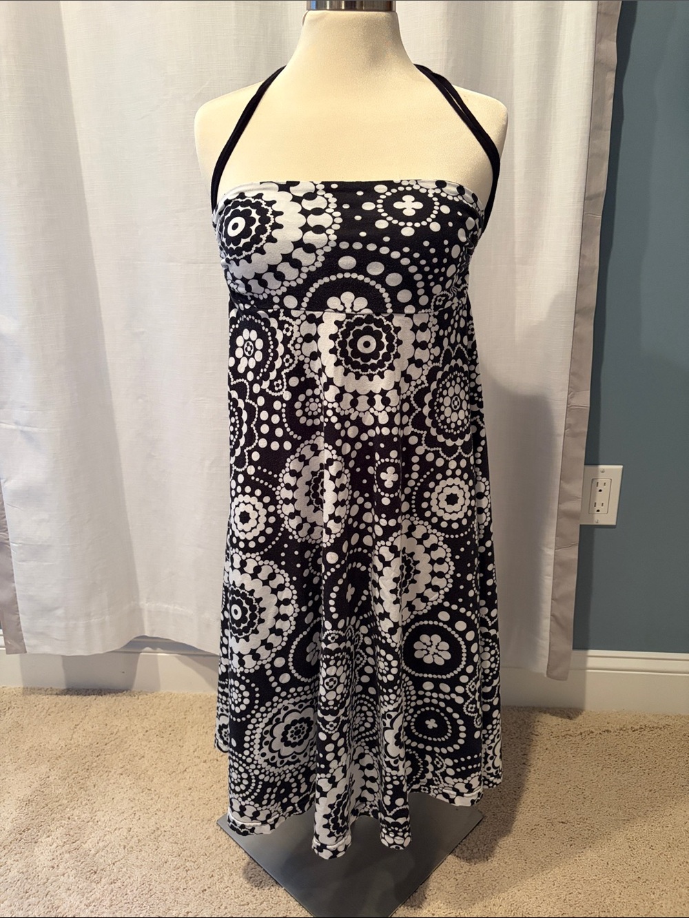 Women's Black and White Halter Maxi Dress - Timeless Medallion Print